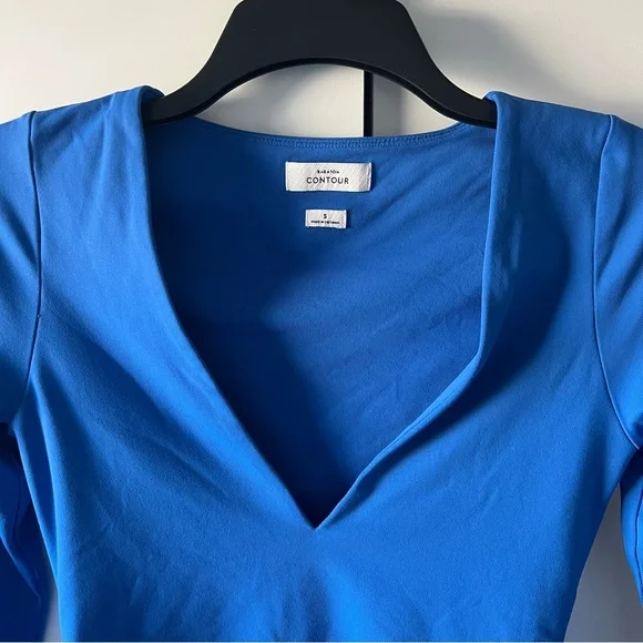 Aritzia Babaton Contour Deep V Long Sleeve Top Blue SM Sculpt Plunge Stretchy - Picture 4 of 9